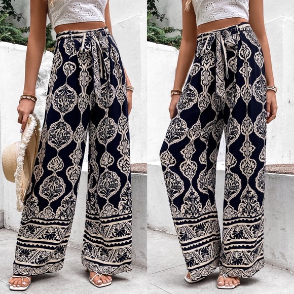 💙 BOHO NAVY IVORY ABSTRACT PRINT HIGH WAIST PANTS! - Picture 3 of 7